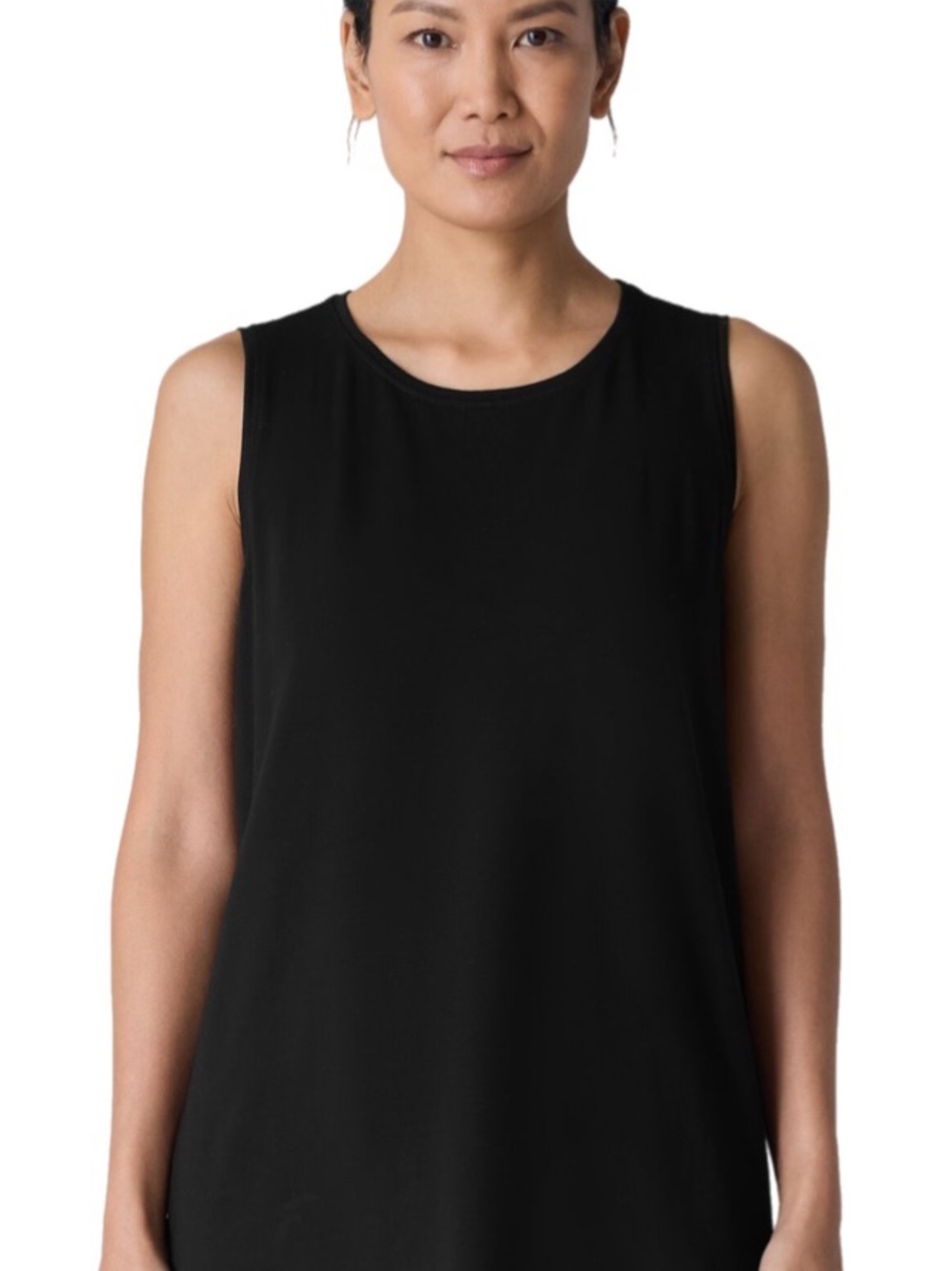Eileen Fisher Tencel Jersey Knit Crew Neck Long Tank Shell Top Black